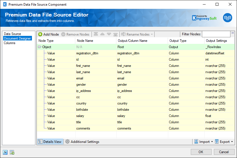 Premium Data File Source - Document Designer - Details View